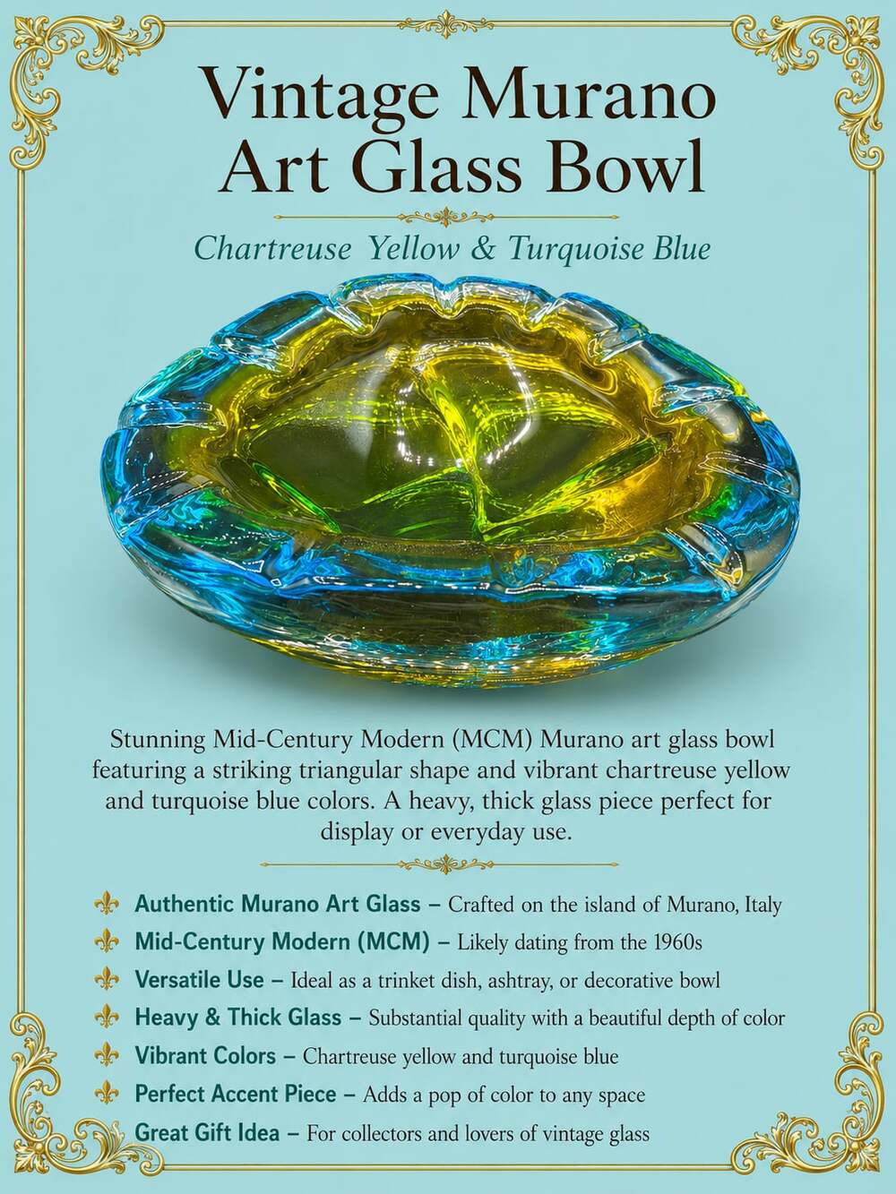 Vintage Cenedese Murano Art Glass Triangular Catchall Bowl or Ashtray in Chartre